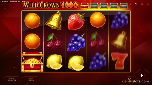 A slot game screen showing a 5 by 3 grid of fruit and treasure symbols against a red background with the title Wild Crown 1000 at the top.