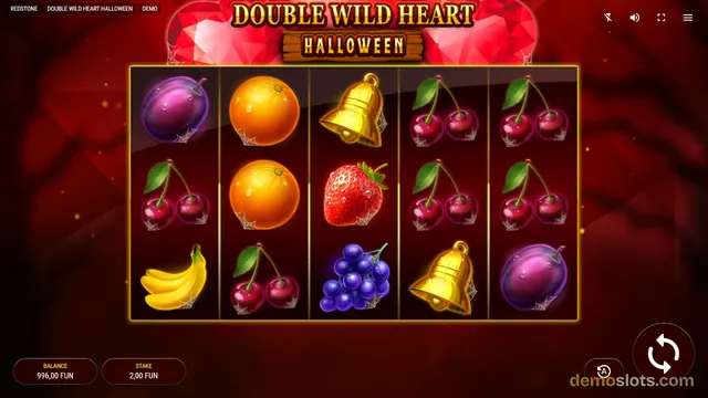 A 5x3 slot game grid displays various fruit symbols and a bell against a dark red background, with a large heart logo above the reels.