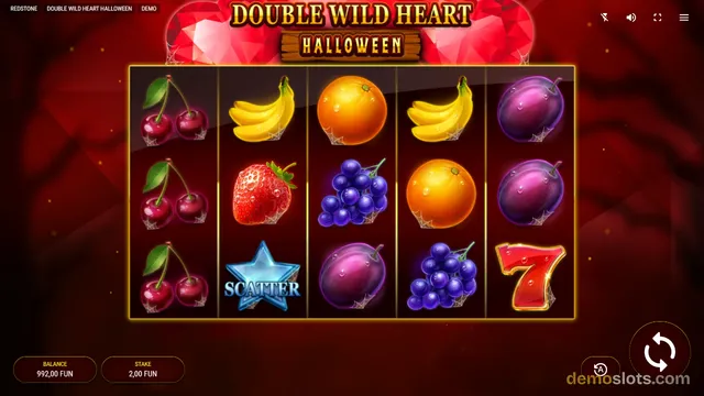 A 5x3 slot grid displays fruit symbols including cherries, bananas, oranges, strawberries, plums, and grapes, along with a blue star scatter and a red number 7, set against a dark red Halloween-themed background.