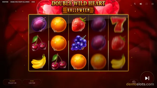A 5x3 video slot grid for the game Double Wild Heart Halloween displays a mix of fruit symbols and a number 7 against a dark red background.