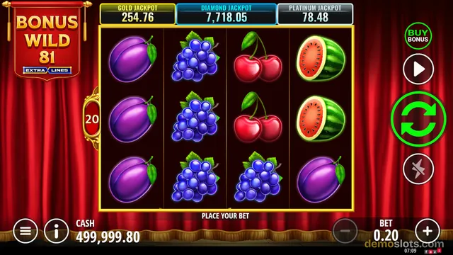 A slot machine screen with a 3x4 grid of fruit symbols, a red curtain background, and a bonus wild banner in the top left corner.