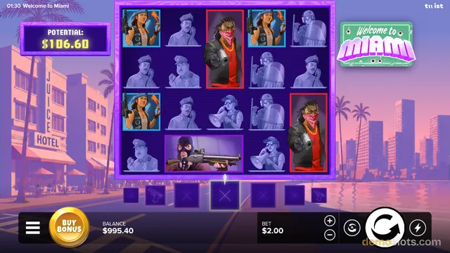 A slot game grid with neon-styled characters, showing a potential win of $106.60 and a balance of $995.40.