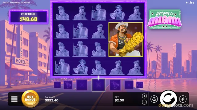 A 5x4 slot game grid with police-themed symbols and a highlighted golden character symbol, set against a Miami beach backdrop.