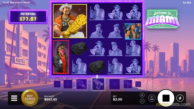 A slot game grid with neon purple borders shows character symbols and police-themed icons against a Miami sunset backdrop.