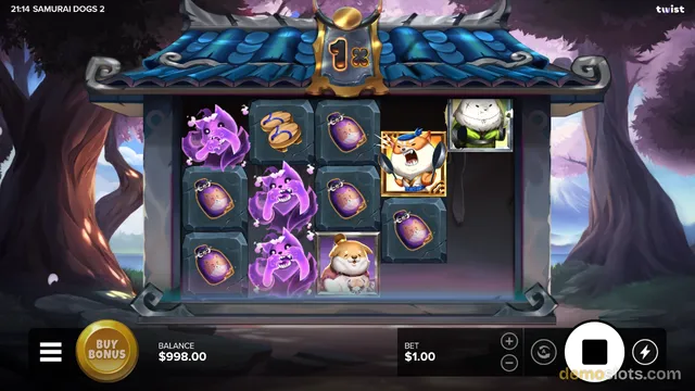A 5x4 slot game grid with a samurai theme, showing a mix of animal characters and purple creature symbols.