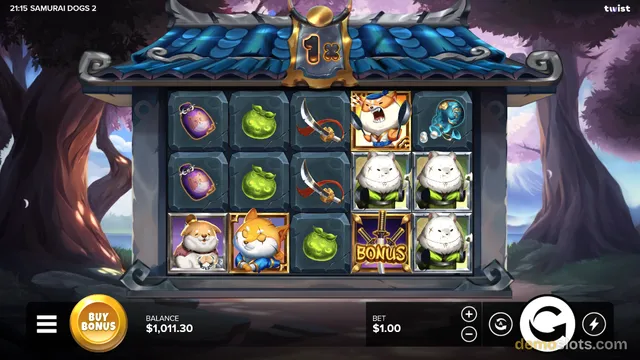 A 5x4 slot game grid with samurai dog characters and fruit symbols, set against a backdrop of trees and a blue-roofed pagoda.