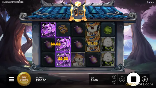 A 5x4 slot game grid showing purple cat symbols with payouts and various dog characters, set against a forest backdrop with a Japanese-style pagoda roof.