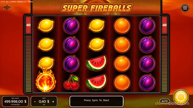 A 5-reel, 4-row slot game grid displays static symbols including lemons, plums, oranges, watermelon slices, and a fiery fireball, with a 'Press Spin To Start' button in the bottom center.