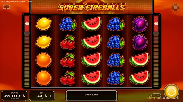 A 5x4 slot game grid displays a settled combination of fruit symbols, including lemons, oranges, cherries, grapes, plums, and watermelon slices, against a red and orange fiery background.