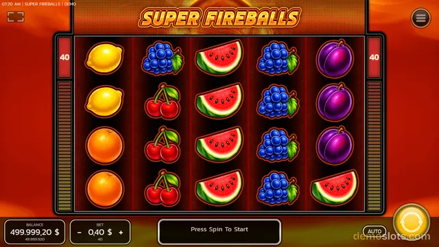 A 5x4 slot game grid for Super Fireballs displays settled fruit symbols on a dark red background with a 'Press Spin To Start' button at the bottom.