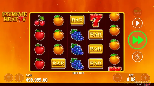 A screenshot of a 5-reel slot game titled 'Extreme Heat 7s' showing a grid of fruit and bar symbols on an orange background.