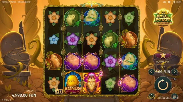 Royal Potato Dream Drop showing 5x4 reel grid with flowers, potato characters and bonus symbols fully rendered.