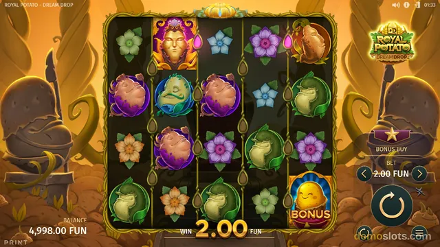 Royal Potato settled after spin showing flower symbols and potato creatures across grid.