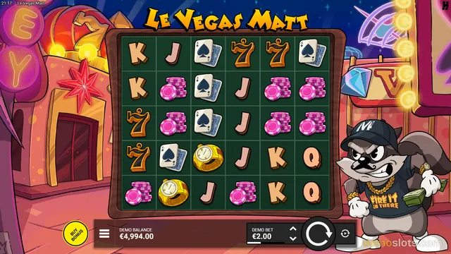 A slot game titled Le Vegas Matt shows a 5x5 grid of symbols including playing cards, pink chips, watches, and letters, with a cartoon raccoon mascot standing to the right.