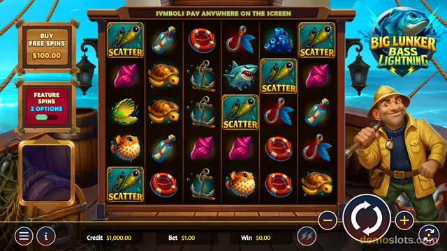 A 6x5 grid slot game titled Big Lunker Bass Lightning displays nautical symbols including a fisherman, shark, and sea turtle on a ship deck background.