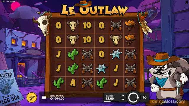A 5x5 slot game grid titled Le Outlaw shows western-themed symbols like skulls, cacti, and revolvers, with a cartoon raccoon character standing to the right.