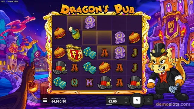 A slot game grid for Dragon's Pub displays a settled combination of food items and playing card symbols against a fantasy town background.