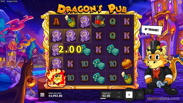 A colorful slot game grid titled 'Dragon's Pub' shows a settled round with a 2.00x win multiplier and a dragon character in a tuxedo on the right.