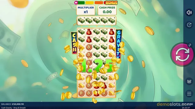 Variable-height reel grid showing cash bundles, gold coins, red dice and bonus label during base gameplay.