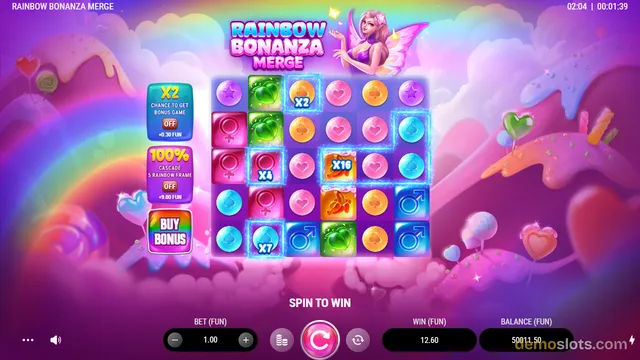 A 6x6 grid of colorful candy and gender-symbol tiles is displayed in a vibrant, pastel-toned game interface titled Rainbow Bonanza Merge.