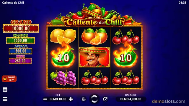 A 3x3 slot game grid titled Caliente de Chili displays fruit and character symbols with jackpot values listed on the left.