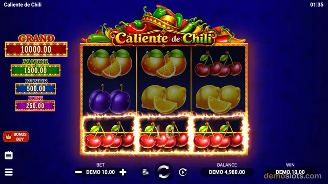 A 3x3 slot grid with fruit symbols and a fiery bottom row, surrounded by jackpot labels and game controls.