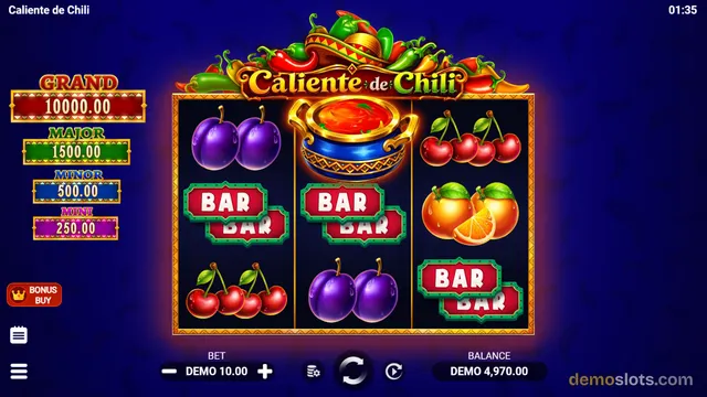 A slot game screen titled Caliente de Chili shows a 3x3 grid of fruit and bar symbols with jackpot values on the left and bet and balance controls at the bottom.