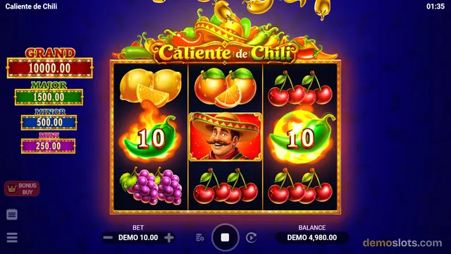A 3x3 slot game titled Caliente de Chili shows fruit symbols and a chili character on a dark blue background.