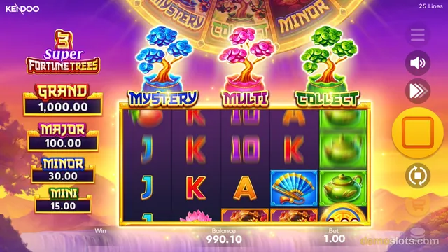 A brightly rendered slot game screen displaying a 5-reel grid with Asian-themed symbols and a set of three tree icons above the reels.