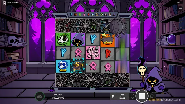 A slot game grid with cartoonish symbols including a cat, a hooded wizard, a potion bottle, a cauldron, a skull, a book, and pink letter shapes, set against a purple gothic background.