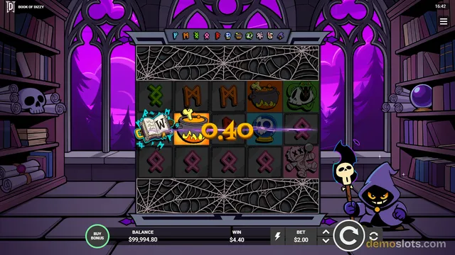 A 5x4 slot game grid with cartoonish occult symbols, showing a win of 0.40 with a purple energy line, in a purple-themed gothic room.