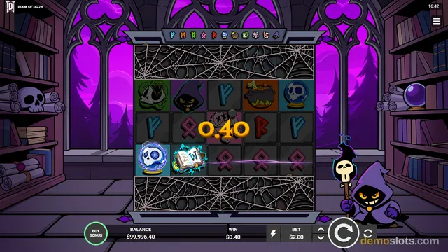 A 5x3 slot grid with a purple gothic background shows a winning payout of 0.40 with a glowing line across the middle row.