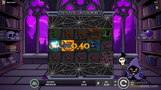 A 5x4 slot grid displays symbols including a glowing book, a cauldron, a skull, and a voodoo doll, with a win amount of 0.40 shown over the reels.