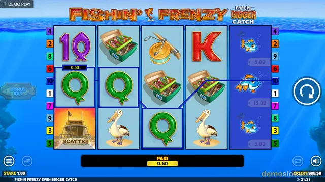 A 5x4 slot grid showing a winning line of symbols including a purple 10, green Qs, a tackle box, a fishing rod, a pelican, and a red K, with a blue fish symbol column on the far right.