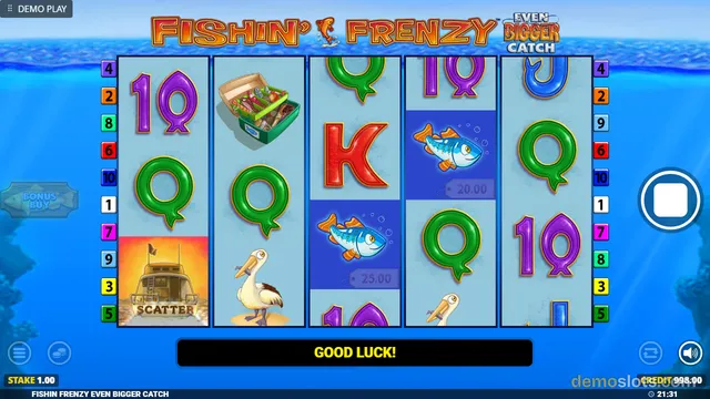 A 5-reel slot game titled Fishin' Frenzy Even Bigger Catch shows a settled grid with symbols including a fishing boat scatter, a tackle box, a pelican, a fish, and royal letter symbols.