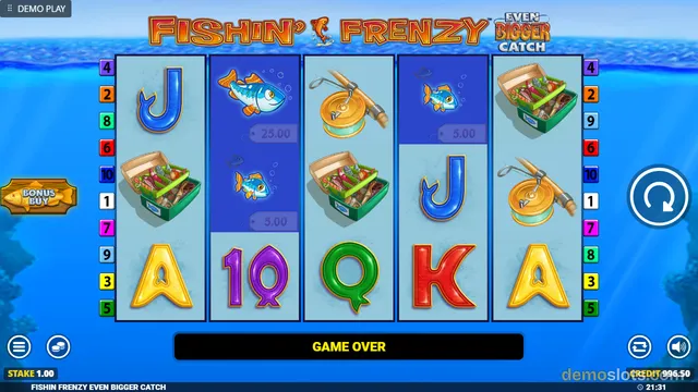 A slot game titled Fishin' Frenzy Even Bigger Catch shows a 5x3 reel grid with a GAME OVER banner, displaying fishing-themed symbols and a bonus buy button on the left.