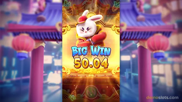 A slot game screen displays a central 'BIG WIN 50.04' graphic featuring a cartoon rabbit mascot and gold coins.