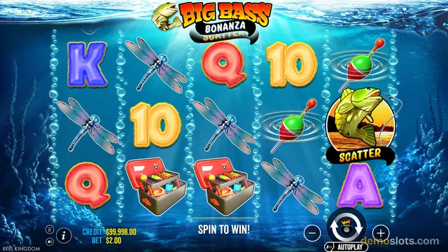 A 5-reel slot game titled Big Bass Bonanza Split Up shows an underwater scene with various fishing-themed symbols including a bass fish scatter, dragonflies, tackle boxes, and card letters.