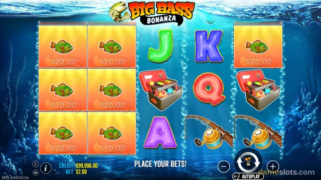 A slot game grid with fish symbols showing cash values, letter symbols, and fishing-themed icons on an underwater background.