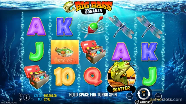A 5x3 underwater-themed slot game titled Big Bass Bonanza showing a fully rendered reel grid with various fishing symbols and a visible $30.00 fish payout symbol in the center.