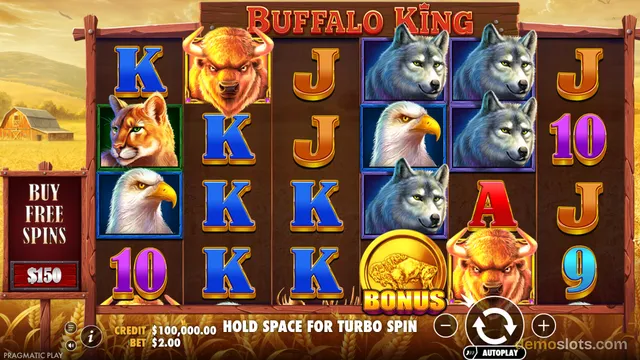 A screenshot of the Buffalo King slot game showing a 5-reel, 4-row grid with a 'BUY FREE SPINS' button on the left and a 'BONUS' symbol on the bottom row.