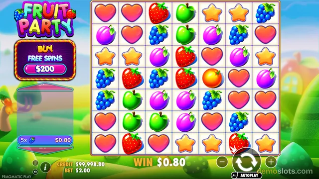 A 7x7 grid of fruit and heart symbols fills the screen in a colorful slot game called Fruit Party, with a win of $0.80 displayed at the bottom.