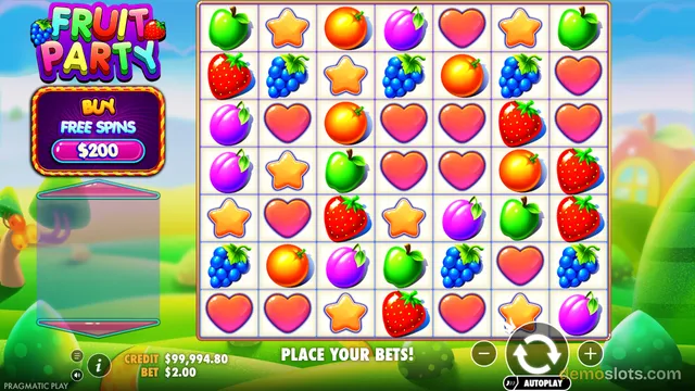 A 7x7 slot game grid filled with colorful fruit and shape symbols is displayed with a 'Fruit Party' logo and a 'Buy Free Spins' button on the left.