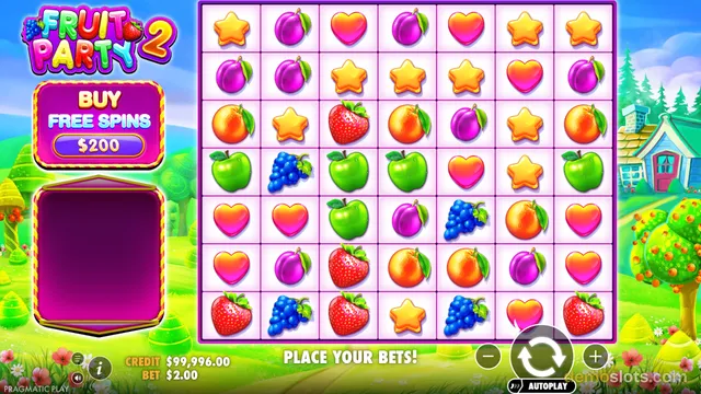 A screenshot of the slot game Fruit Party 2 showing a 7x7 grid of colorful fruit symbols on a bright, cartoon-style background with a house and trees.
