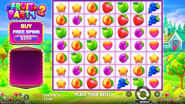 A screenshot of the slot game Fruit Party 2 showing a 7x7 grid of fruit symbols and a 'Buy Free Spins' button on the left.
