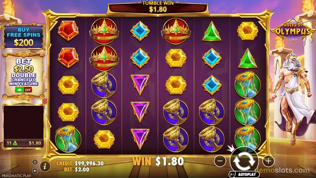 A brightly rendered 6x5 grid of Greek-themed slot symbols is displayed, showing a 'Tumble Win' message at the top and a Zeus figure standing to the right of the reels.