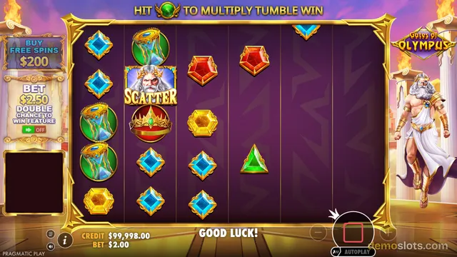A screenshot of the slot game Gates of Olympus showing a 6x5 grid with a partially filled left side and a Zeus character standing on the right.