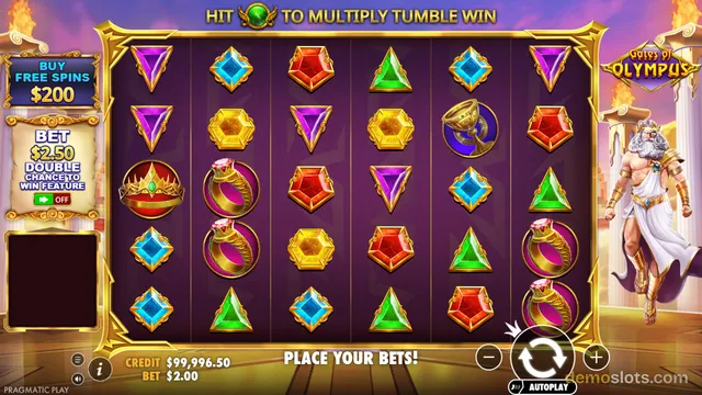 A fully rendered 6x5 slot game grid for 'Gates of Olympus' displays various gem and artifact symbols with a Greek god character standing on the right side.