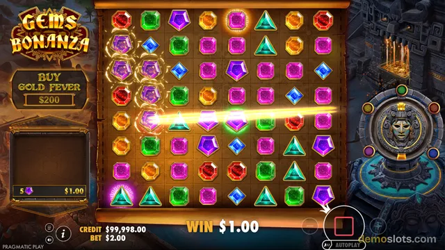 A slot game grid is fully populated with colorful gem symbols, with a glowing horizontal line across the middle rows and a win of $1.00 displayed at the bottom.