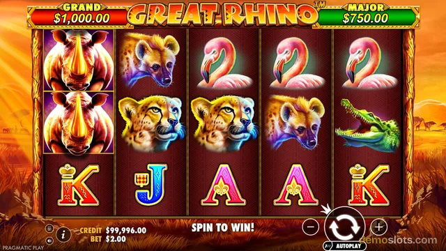 A 5x3 video slot grid displays a combination of animal and letter symbols on a savanna-themed background with a 'Spin to Win!' message at the bottom.